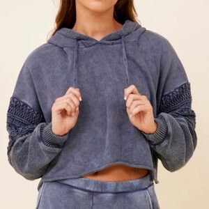 VINTAGE HAVANA Washed Denim Crochet Detail Hoodie Size Medium